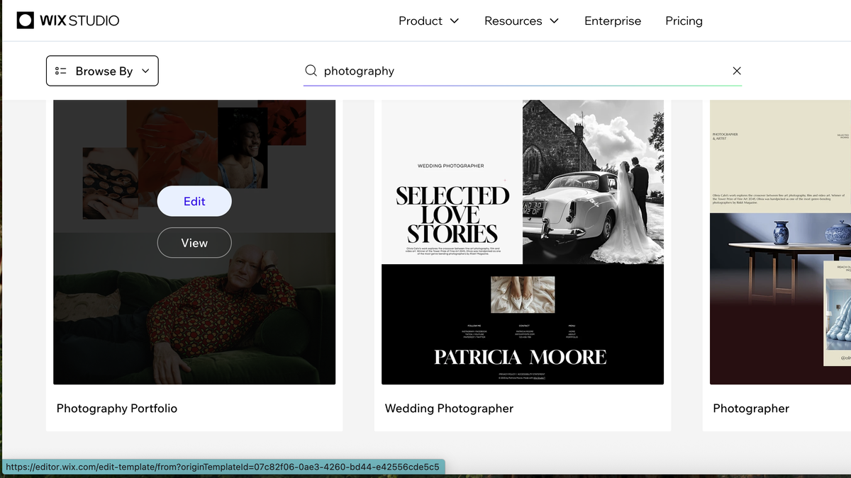 Screengrab showing selection of Wix templates