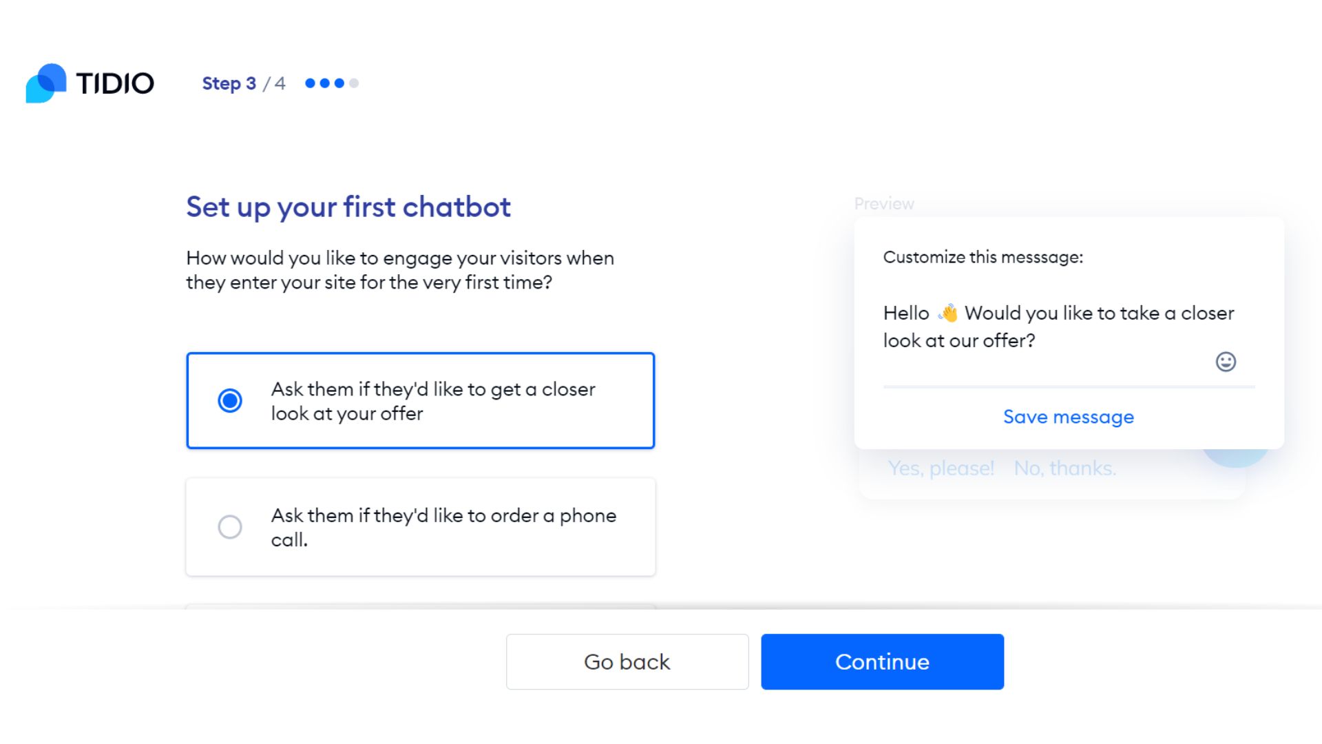 Screenshot of setup screen—steps to set up your first chatbot
