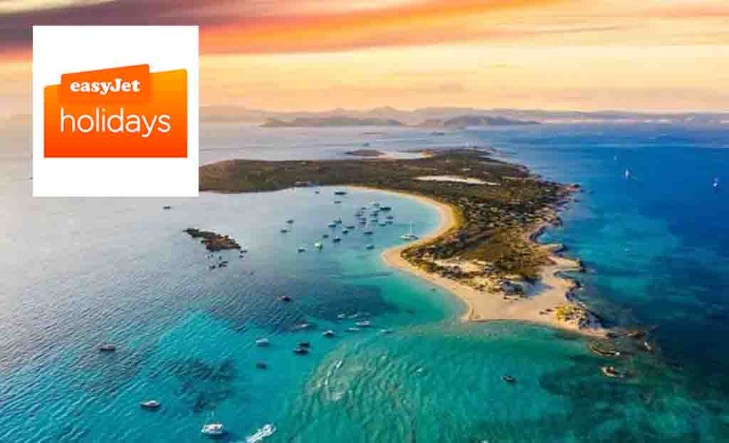 Easy Jet holidays logo top left with an aerial shot of an island 