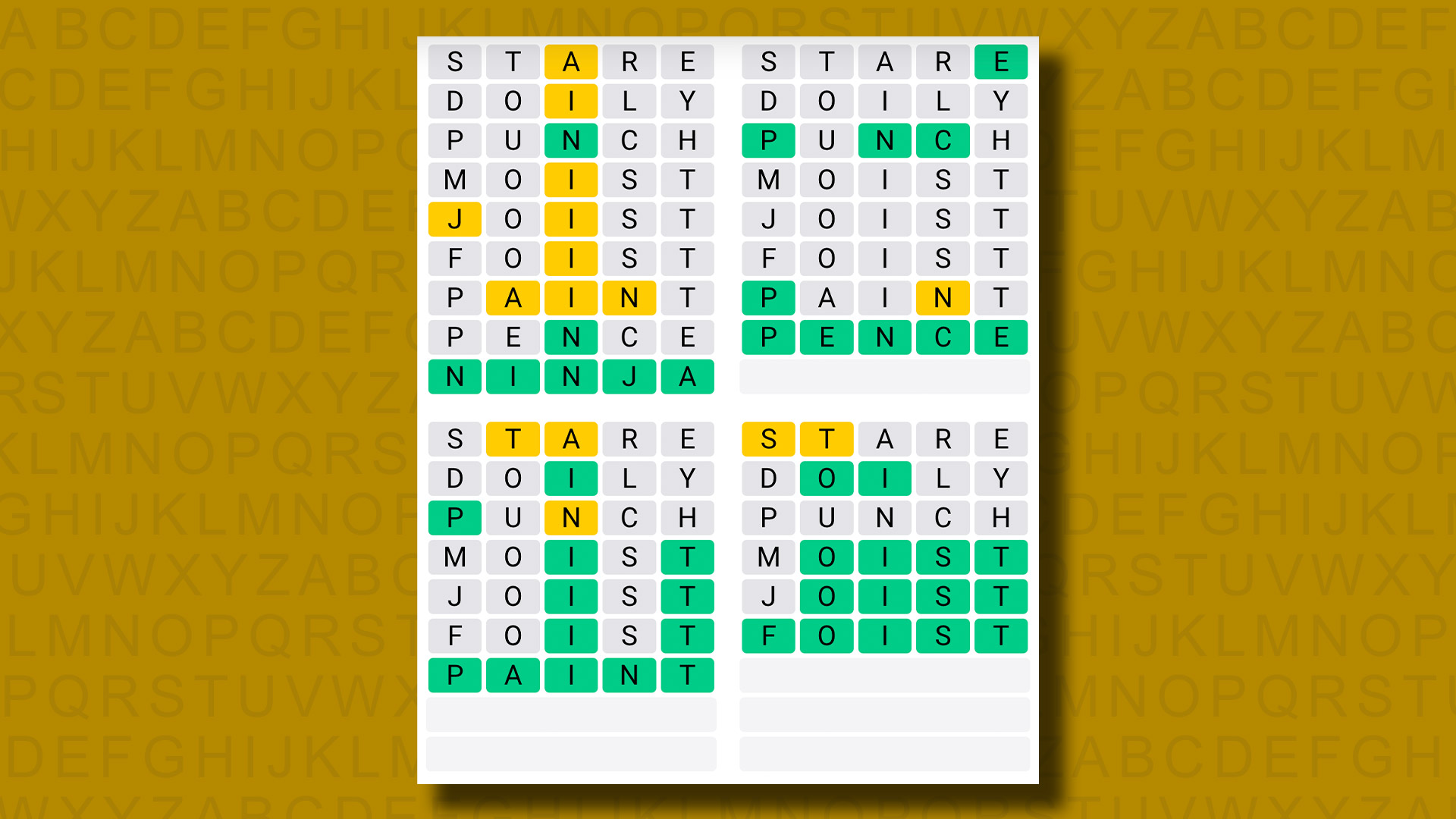 Quordle answers for game 1030 on a yellow background