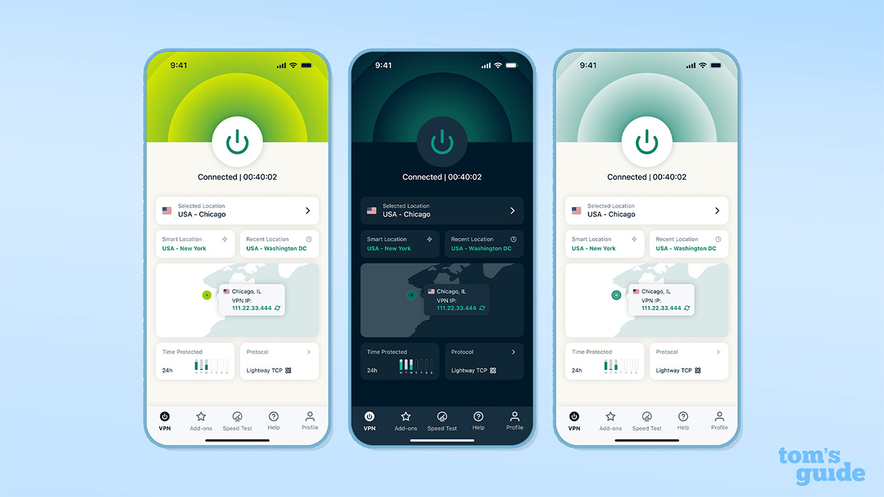 Screenshots of ExpressVPN home screen in different themes