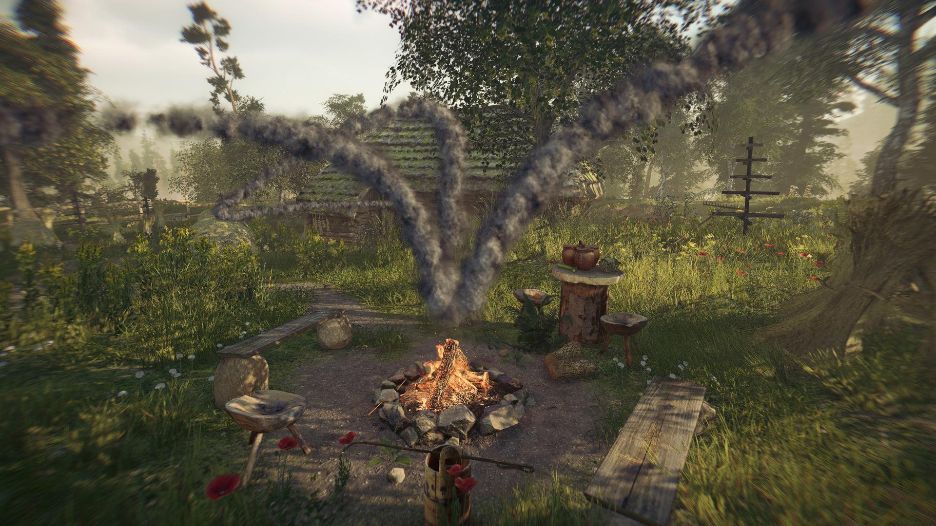 Screenshot from The End of the Sun game of a forest scene and a fire.