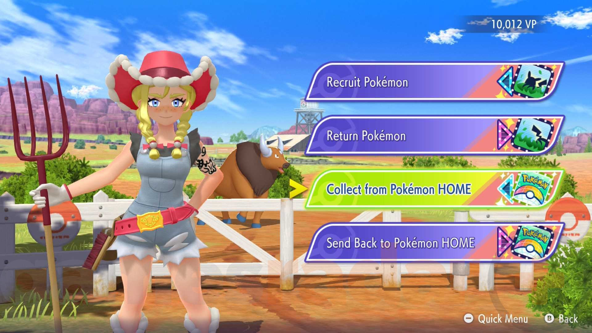 A rancher stands next to a Pokemon Champions menu showing the option to collect Pokemon from Pokemon Home.