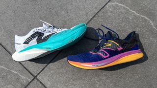 New Balance FuelCell SuperComp Pacer v2 and Pacer v1 on a sidewalk