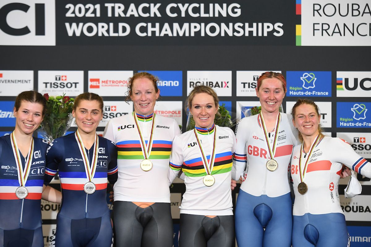 Picture by Simon Wilkinson/SWpix.com - 23/10/2021 - Cycling - Tissot 2021 UCI Track Cycling World Championships - Women's Madison Final - Stab Velodrome, Roubaix, France - Podium - The Netherland's Kirsten Wilde &amp; Amy Pieters takes gold and the rainbow jersey with France's Marie le Net &amp; Clara Capponi taking silver &amp; Great Britain's Katie Archibald &amp; Neah Evans take bronze in the women's Madison.