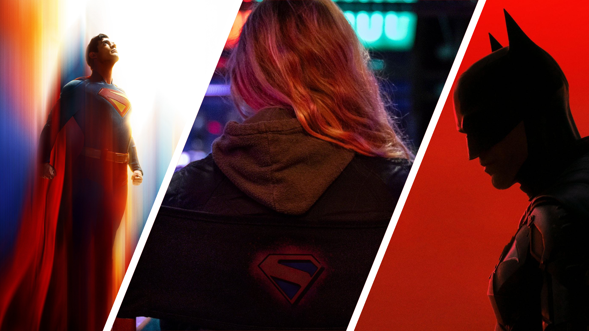 Split image showing David Corenswet as Superman, Milly Alcock on set as Kara Zor-El aka Supergirl, and Robert Pattinson as The Batman.