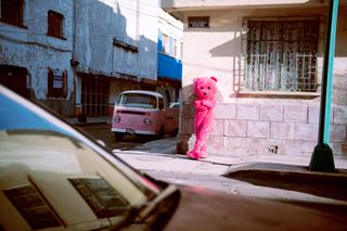 Pink bear on street corner in Mexico next to a pink VW Kombi