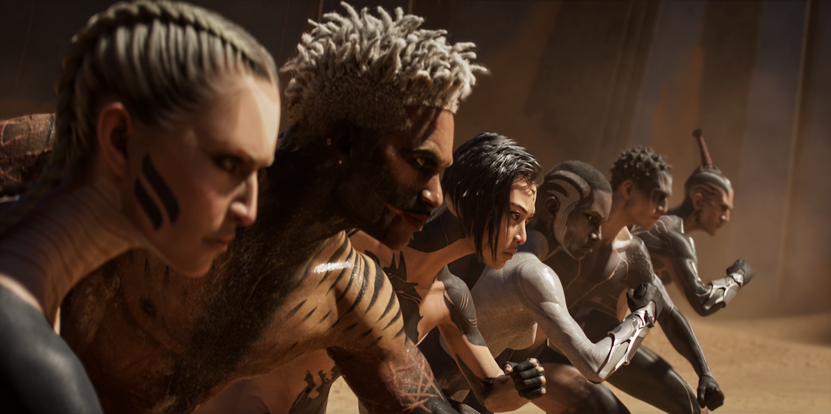 a row of six genetically engineered athletes ready to run