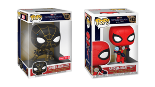 On the left we can see a Funko Pop of Spider-Man in his Black and Gold suit, on the right we see him in the red, black and gold 'Integrated Suit'