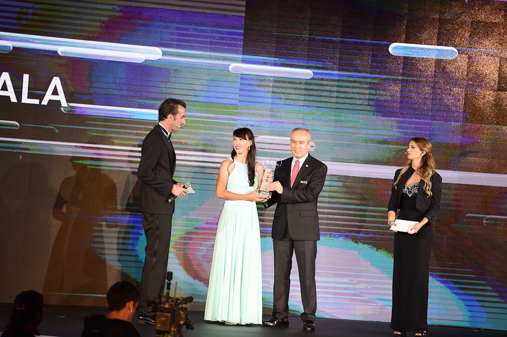 2016 best young rider Katarzyna Niewiadoma collects her trophy at the annual UCI Gala