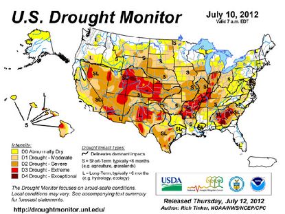 A map of national drought conditions as of July 10, 2012.
