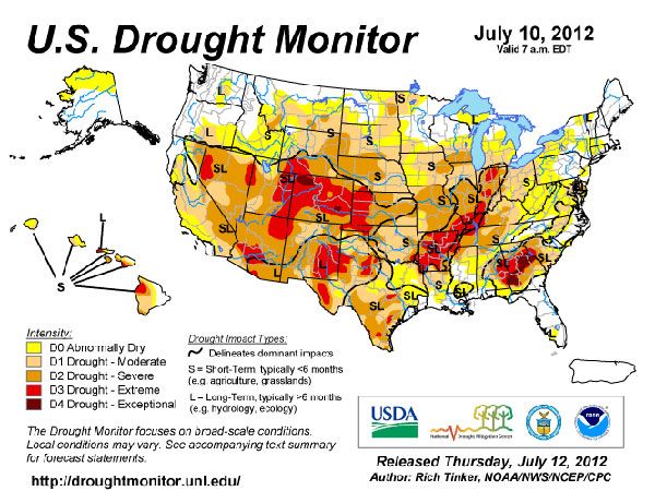 A map of national drought conditions as of July 10, 2012. 