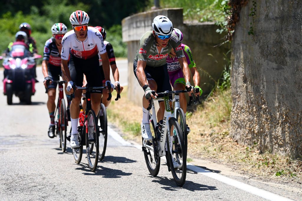 TURIN ITALY MAY 21 LR Anthony Perez of France and Team Cofidis and Oscar Riesebeek of Netherlands and Team Alpecin Fenix compete in the breakaway during the 105th Giro dItalia 2022 Stage 14 a 147km stage from Santena to Torino Giro WorldTour on May 21 2022 in Turin Italy Photo by Tim de WaeleGetty Images