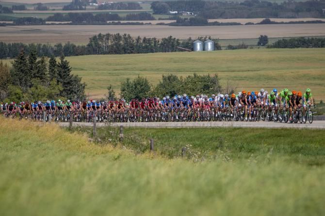 The peloton hits one of the small climbs along todays course.