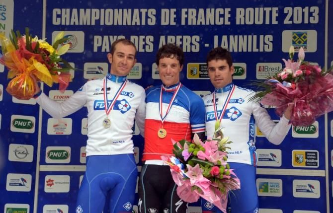 J&eacute;r&eacute;my Roy (FDJ), Sylvain Chavanel (Omega Pharma-Quickstep) and Johan Le Bon (FDJ) made up the men's time trial podium