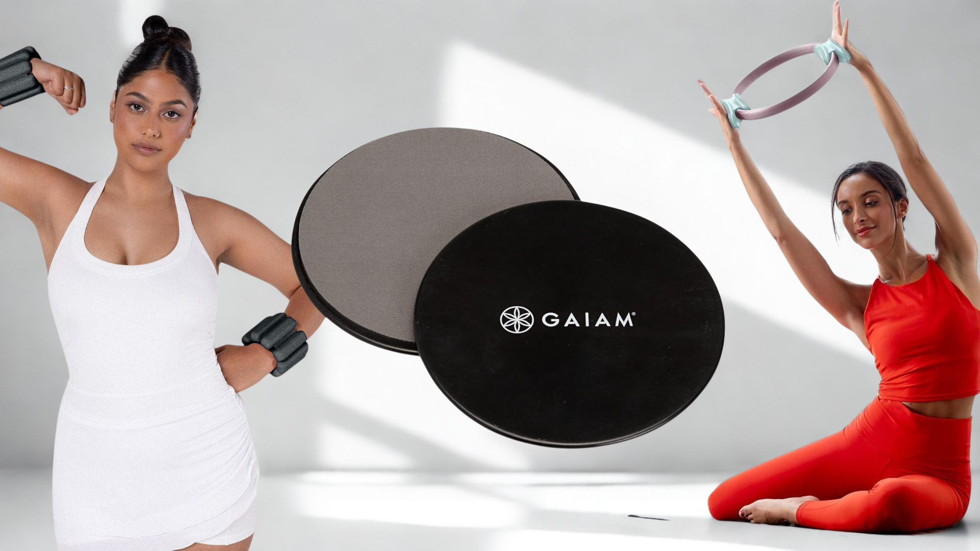 Two woman using Pilates equipment, and two sliders in the middle of the image
