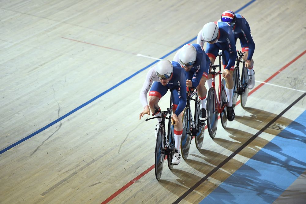 Great Britain's team members compete in the men's Team Pursuit final during the UCI Track Cycling World Championships in Apeldoorn