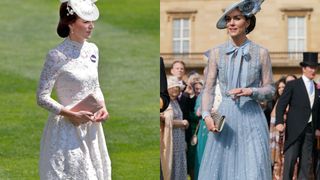 Kate Middleton at Ascot in 2017 and at a garden party in 2023