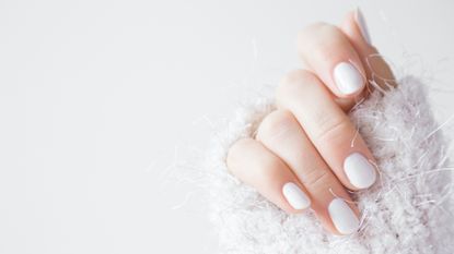 milky white nails color, tiktok trend, white mani, white fuzzy sweater, white background