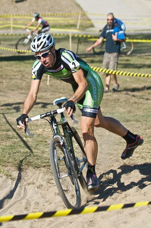 Powers dismounts for the sand pit