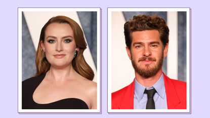 Amelia Dimoldenberg and Andrew Garfield pictured alongside each other in a two-picture blue and purple template