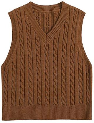 Locachy Women's Vintage Loose V Neck Sleeveless Cable Knit Preppy Style Pullover Sweater Vest Brown Medium