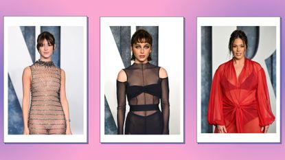 Daisy Edgar-Jones, Emma Chamberlain and Ashley Graham pictured wearing sheer dresses in a pink and purple template