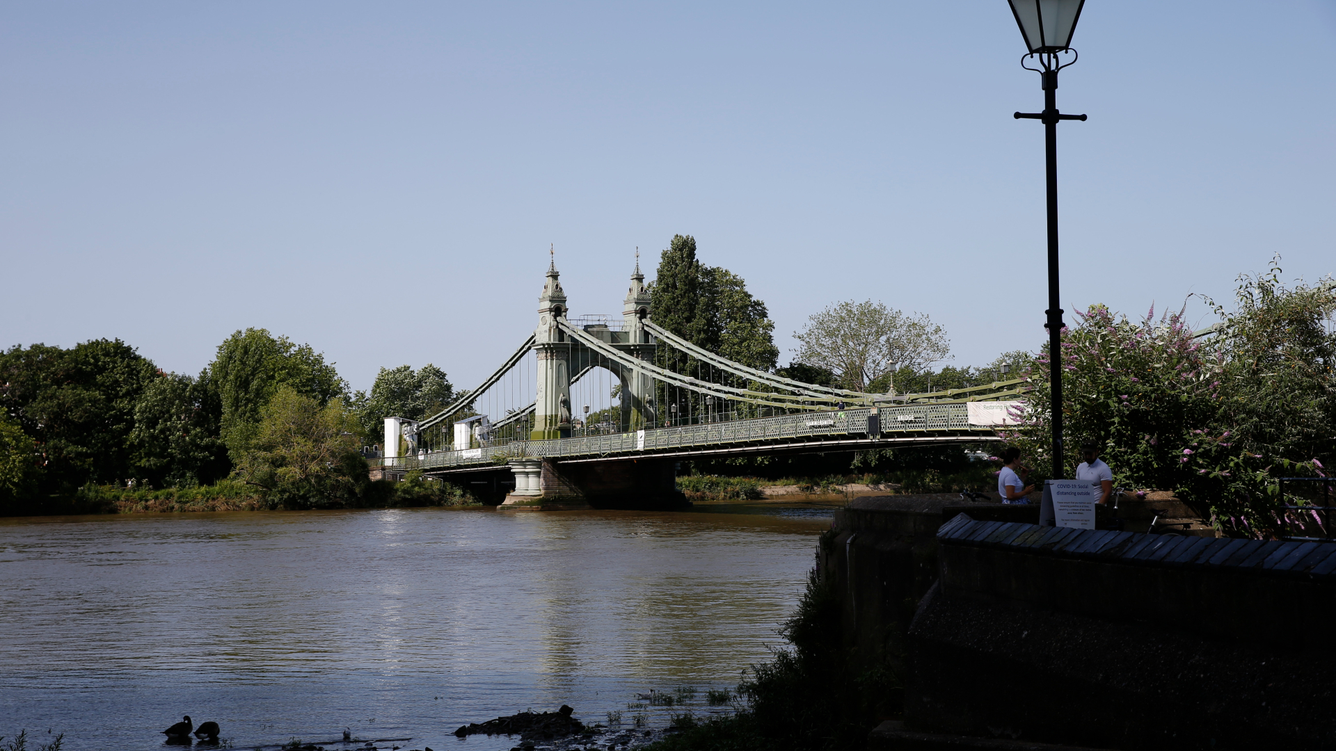 A general view of Hammersmith Bridge on the day it reopened to pedestrians and cyclists on July 17, 2021 in Hammersmith, Englan