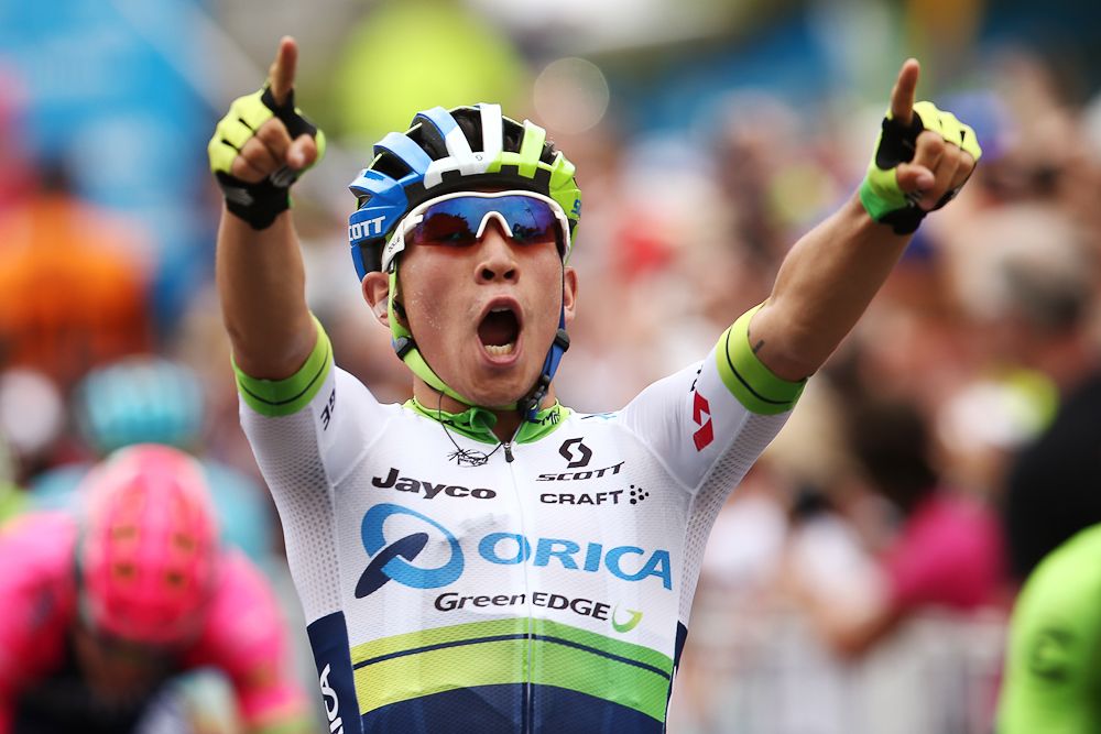 Caleb Ewan celebrates his stage 1 win at the Tour Down Under