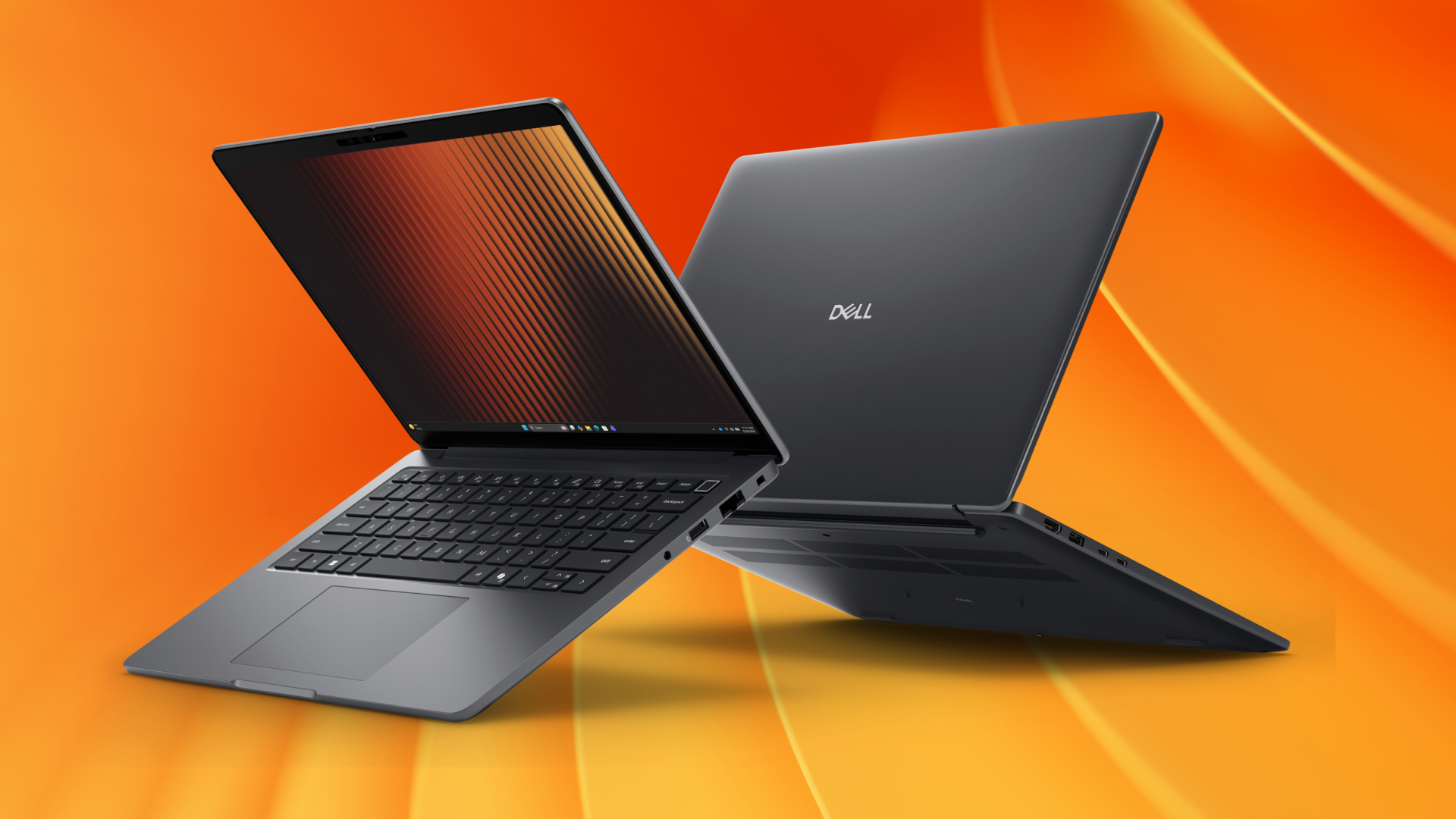 Dell Pro laptops from the front and back.