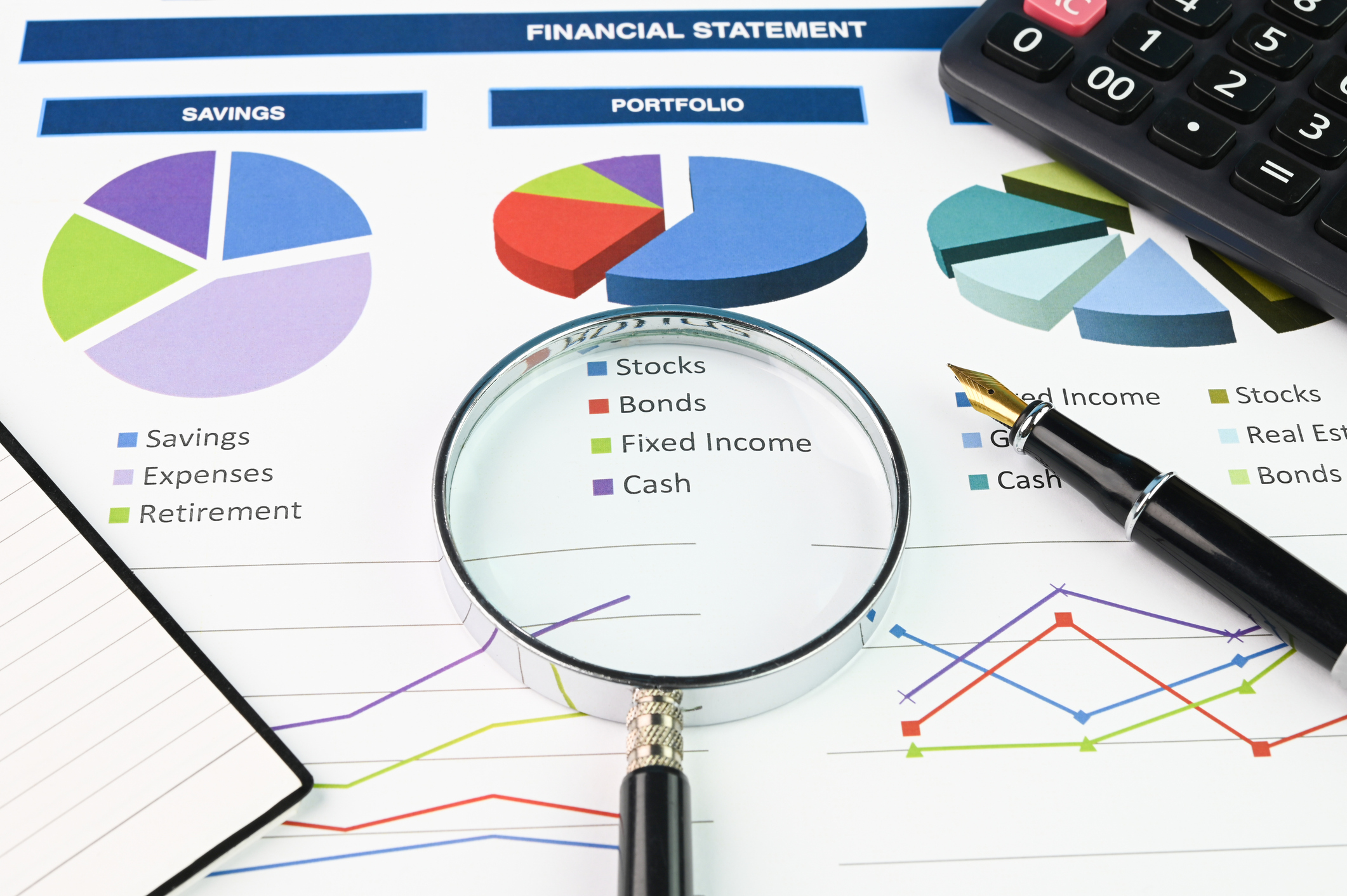 Concept of finance and investment. Magnifying glass on financial report.