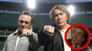 Nicolas Cage as John Madden and Christian Bale as Al Davis, inset picture of Cage looking crazy from Vampire's Kiss