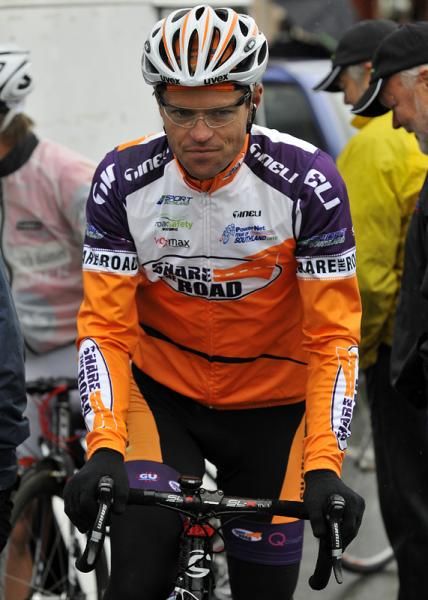 Tour leader Jeremy Yates of Share the Road looks unimpressed with this mornings weather