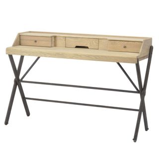 Tennessee American Oak Writing Desk with three small drawers and cast iron legs