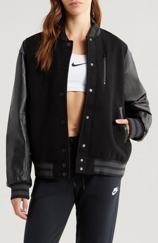 Sportswear Destroyer Leather & Wool Blend Varisty Bomber Jacket