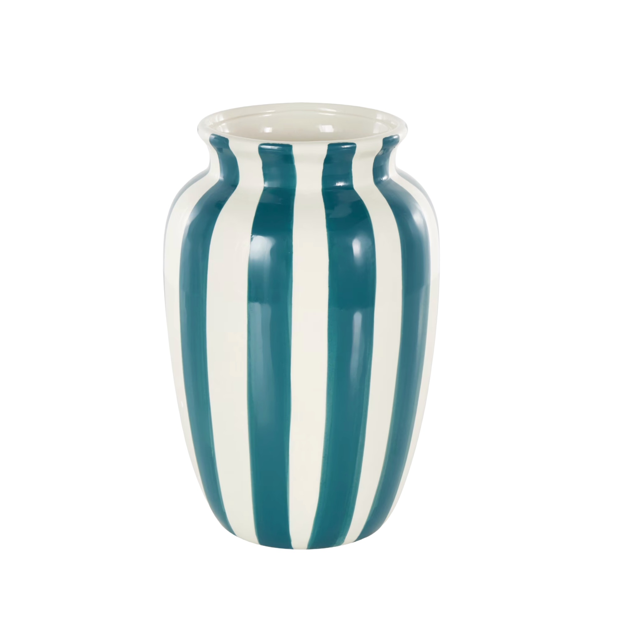 DecMode 10" Round Wide Teal Ceramic Vase with White Vertical Stripes