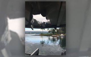 Boat damage from lava bomb