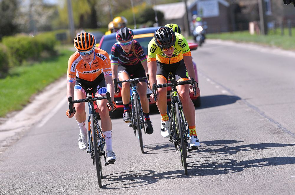 The decisive breakaway with Megan Guarnier of The United States and Boels - Dolmans Cycling Team / Janneke Ensing of The Netherlands and Team Ale Cipollini