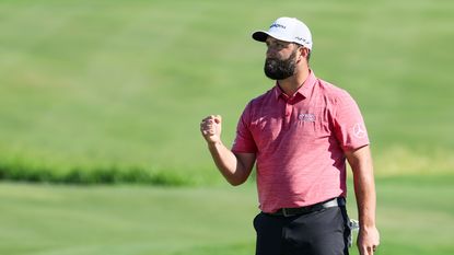 Jon Rahm celebrates after making his putt for birdie on the 18th green during the final round of the 2023 Sentry Tournament of Champions