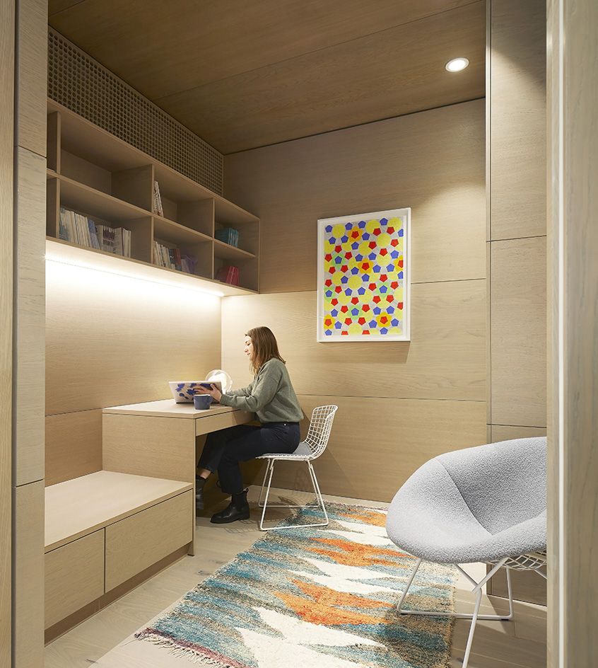 workspace clad in timber inside Maggie's Royal Free