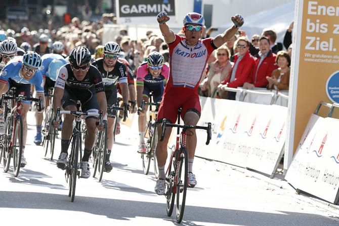 Alexander Kristoff (Katusha) wins the bunch sprint