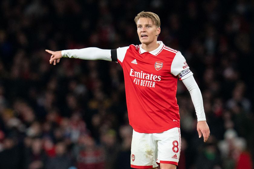 Arsenal captain Martin Odegaard gestures during a Premier League match, December 2022