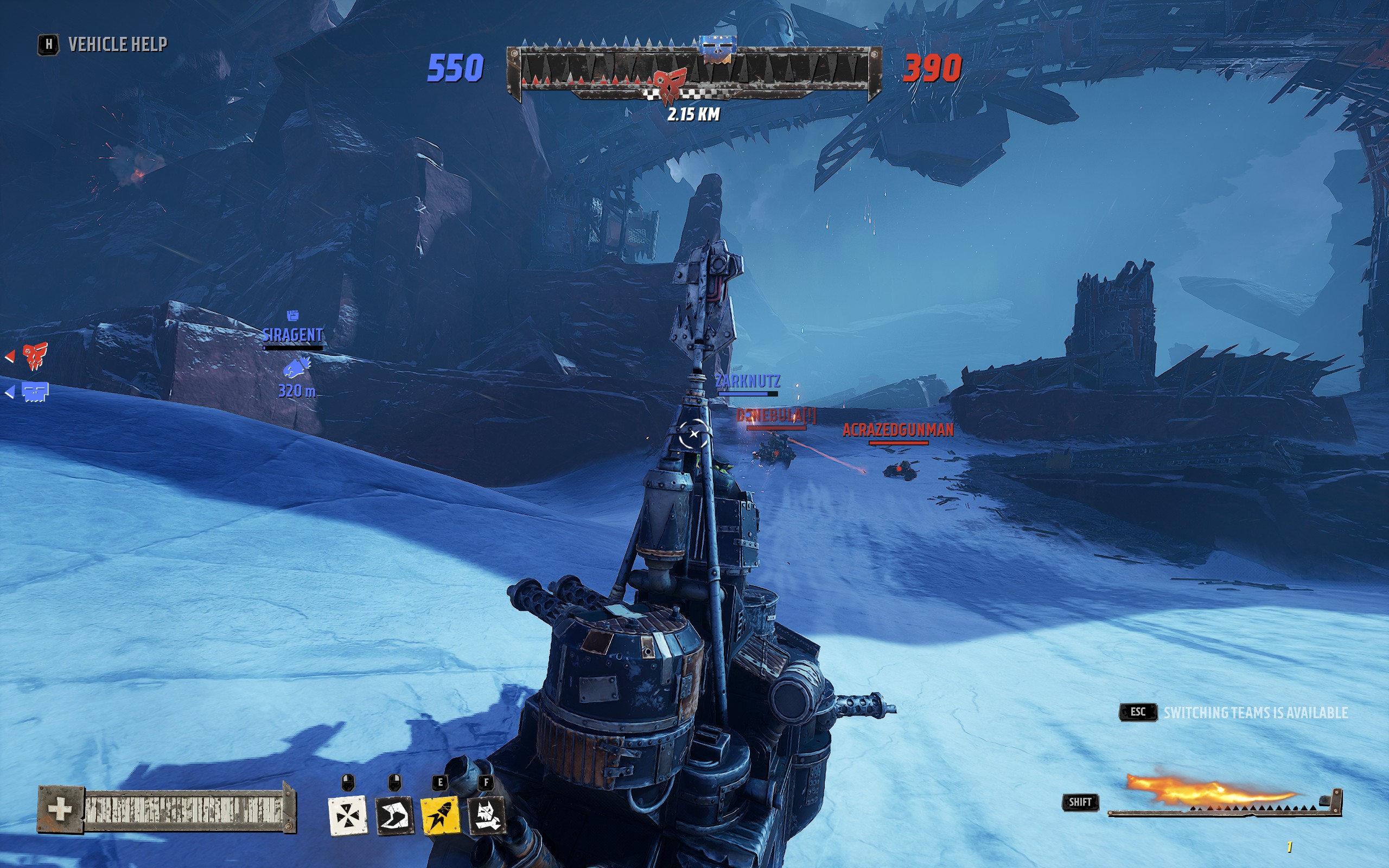 An ork tank follows speedier ork vehicles across the snow