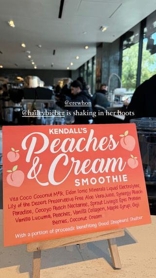 Kendall Jenner with her Peaches & Cream Erewhon smoothie May 2024