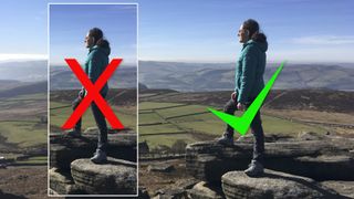 Two photos of a person standing on a mountain, one with a red cross and one with a green tick overlayed