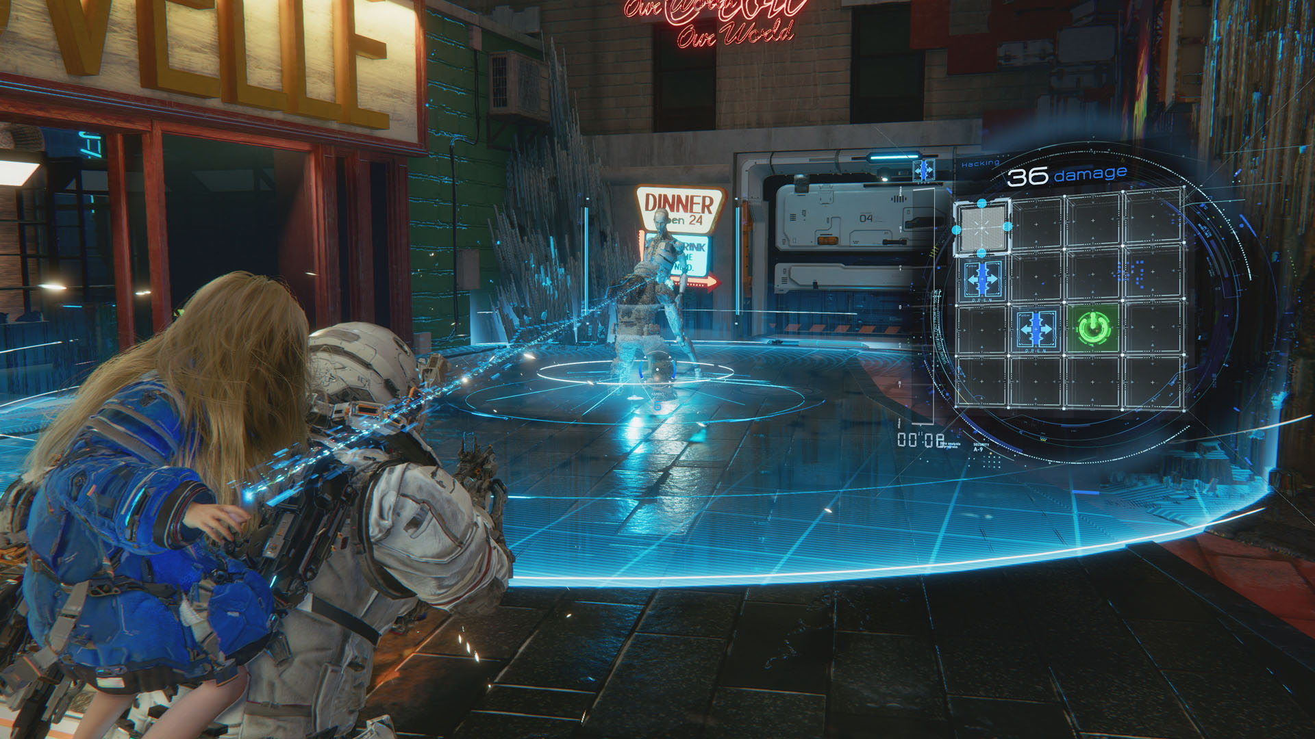 Hugh aims at a humanoid robot in Pragmata as Diana links to it with a beam of energy, displaying a block-based hacking puzzle next to it