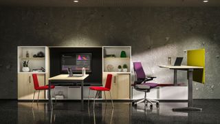 purple office steelcase chair in a modern office space