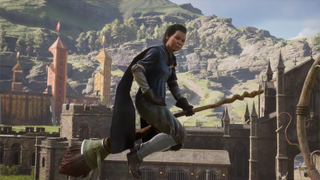 Hogwarts Legacy character riding on a broom stick with the castle and Quidditch pitch in the background
