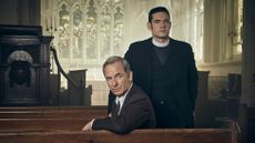 ROBSON GREEN as Geordie Keating and TOM BRITTANY Will Davenport in Grantchester