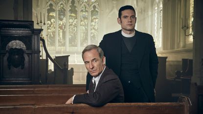 ROBSON GREEN as Geordie Keating and TOM BRITTANY Will Davenport in Grantchester